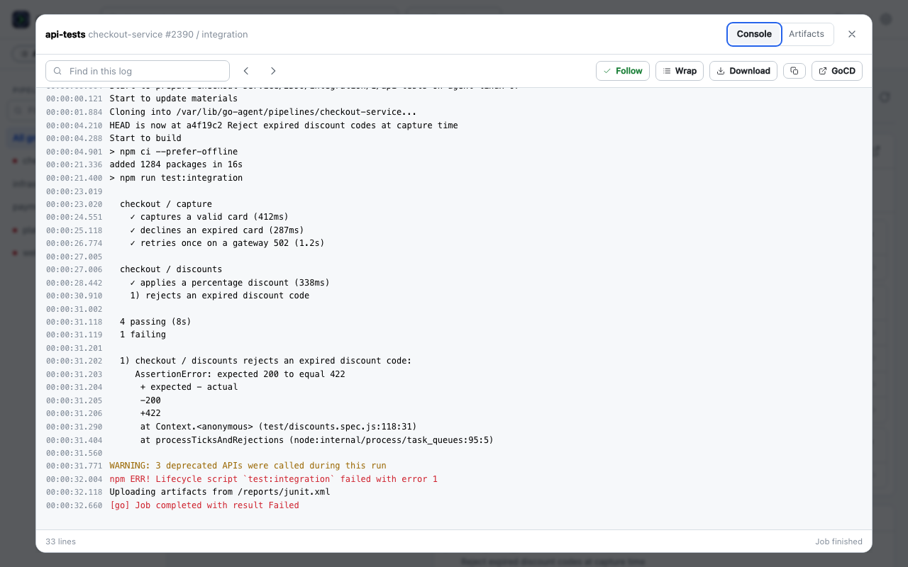 A job's console log with per-line timestamps, a red assertion failure, an amber deprecation warning and the GoCD agent's own lines in grey